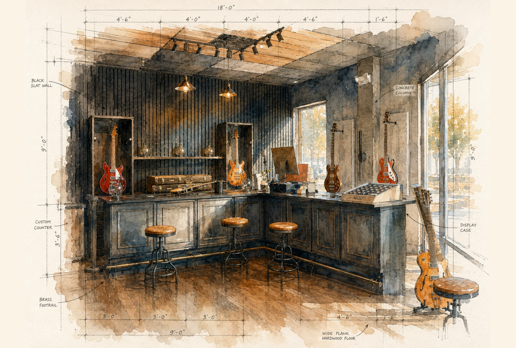 The Lobby watercolor-style interior view