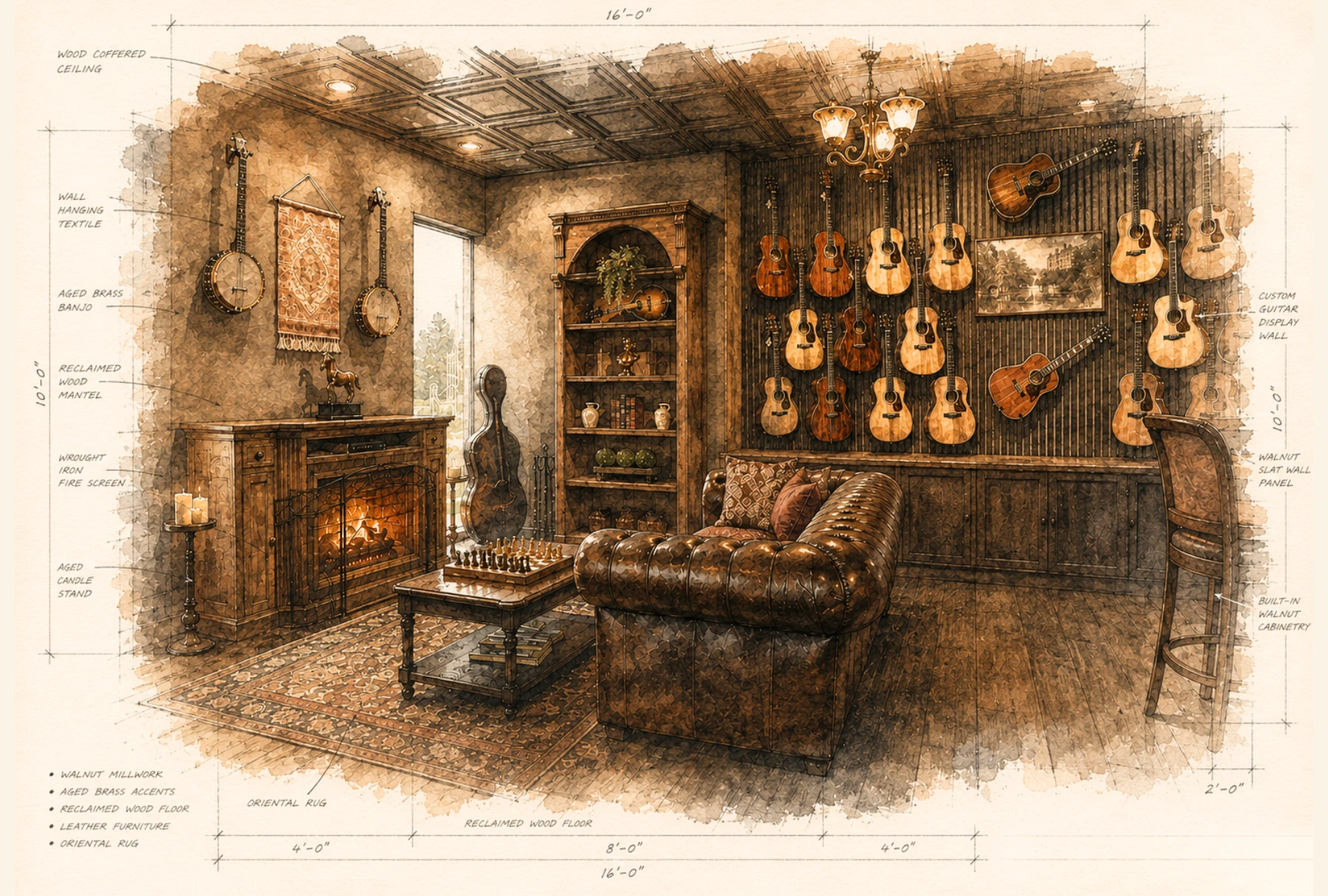 The Library watercolor-style interior view