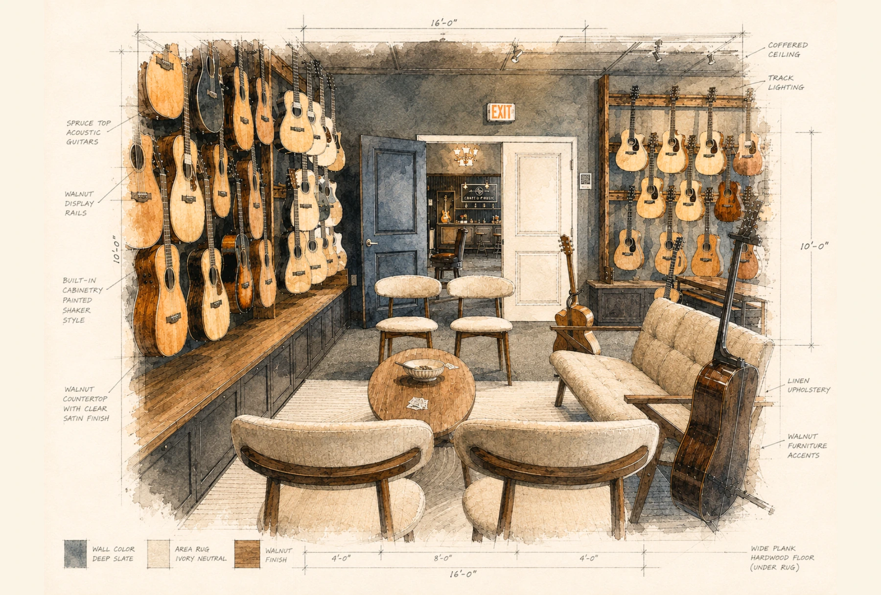 The Loft watercolor-style interior view