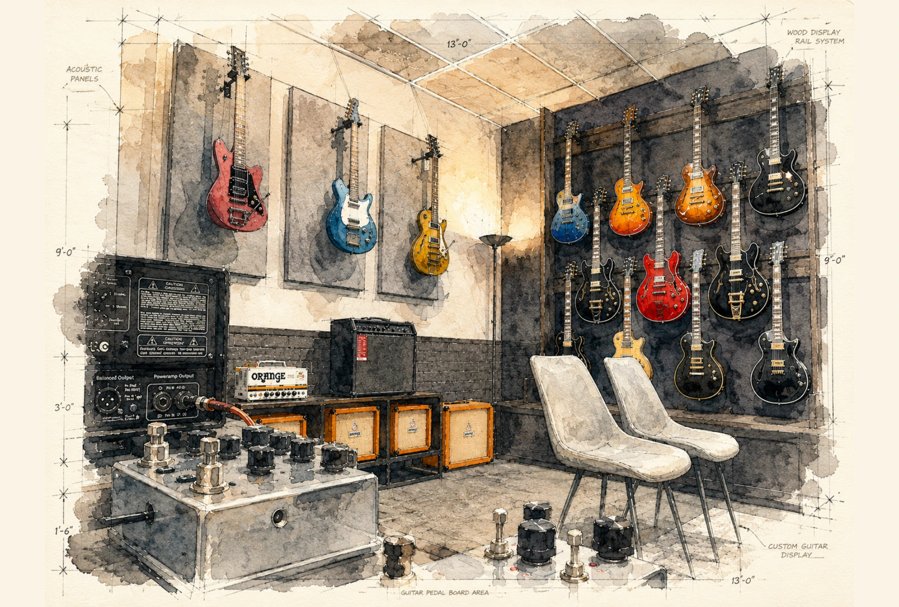 The Basement watercolor-style interior view